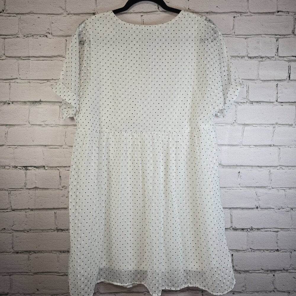 WHITE SHEER DRESS BLACK EMBOSSED POLKA DOT SHEER SLEEVE LINED SIZE S OVERSIZED - Picture 5 of 7